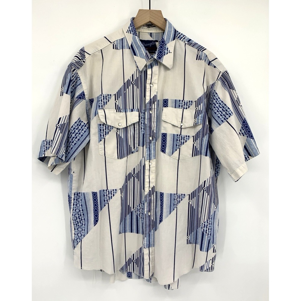 Vintage Wrangler Shirt Mens XL Beige Blue Pearl Snap Cowboy Short Sleeve 18/XL